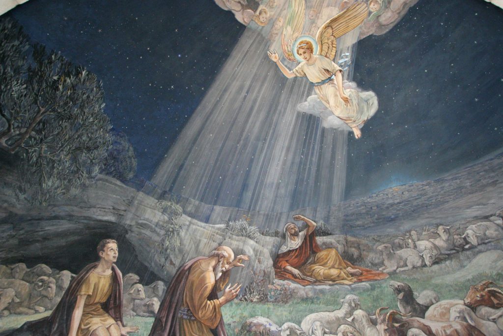 The angel tells the shepherds that Christ is born in Bethlehem