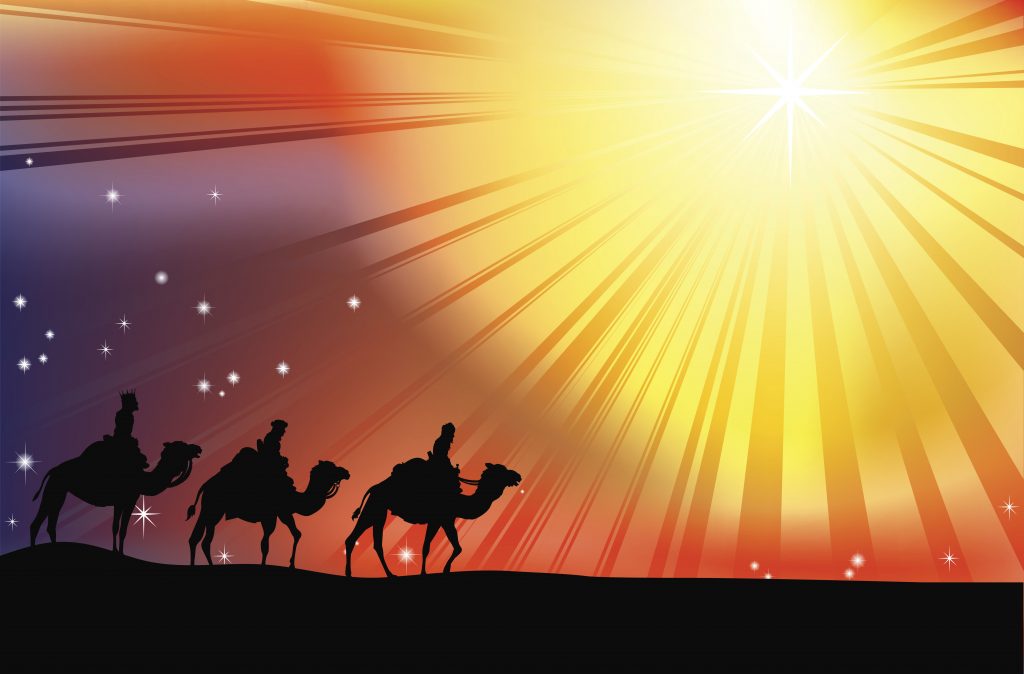 Wise men travel with gifts to seek Jesus Christ, the newborn King